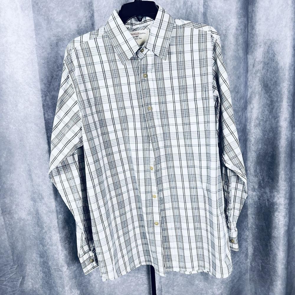Wrangler Jeans Men's Medium Shirt Button Down Gray Check Long Sleeve 100% Cotton